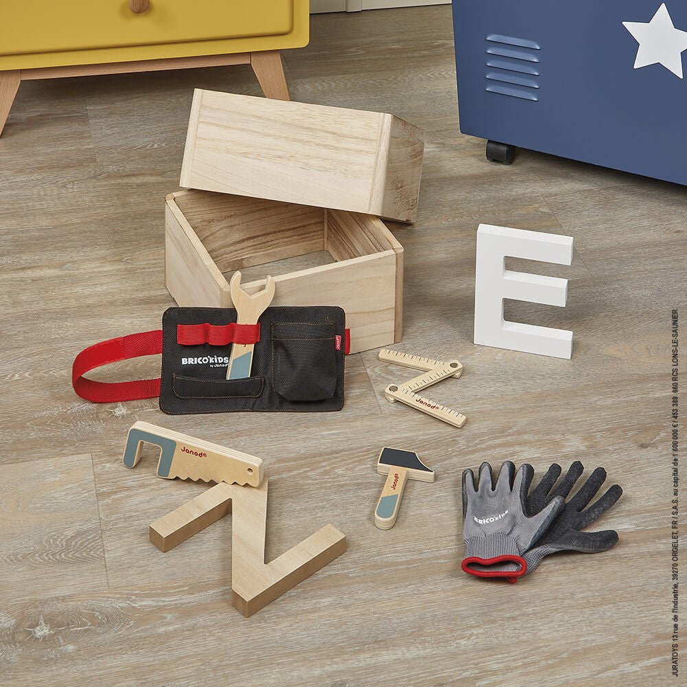 Janod: Briko Kids Tool Belt with Wooden Toys & Gloves Set - Acorn & Pip_Janod