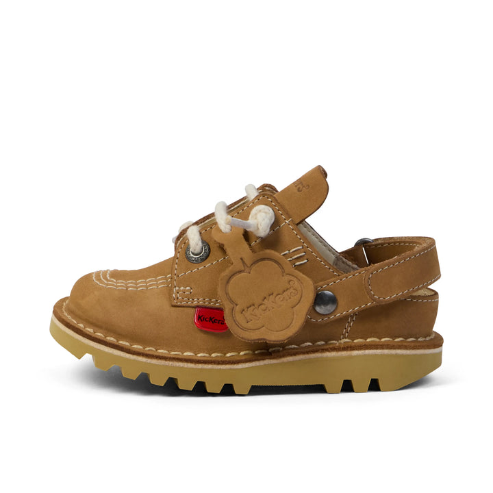 Tan nubuck kick mules by Kickers, perfect for kids seeking comfort and style while on the go.