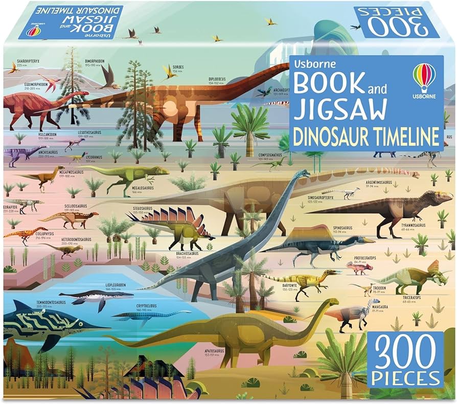 3 USBORNE BOOK AND JIGSAW: DINOSAUR TIMELINE - Acorn & Pip_Bookspeed