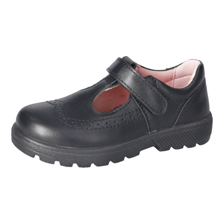 Ricosta: Amanda T-Bar Brogue School Shoes - Black Leather - Girls Back to School Durable Hard-Wearing Leather School Shoes at Acorn & Pip