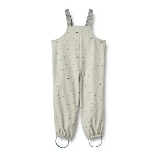 Wheat waterproof rain overalls in light flint with adjustable straps and elastic cuffs, perfect for rainy days.
