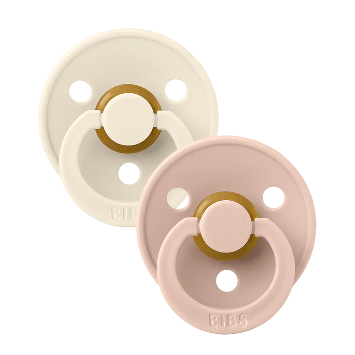 BIBS Colour 2 Pack soothers in Ivory and Blush – symmetrical latex dummies for babies aged 6 months and up