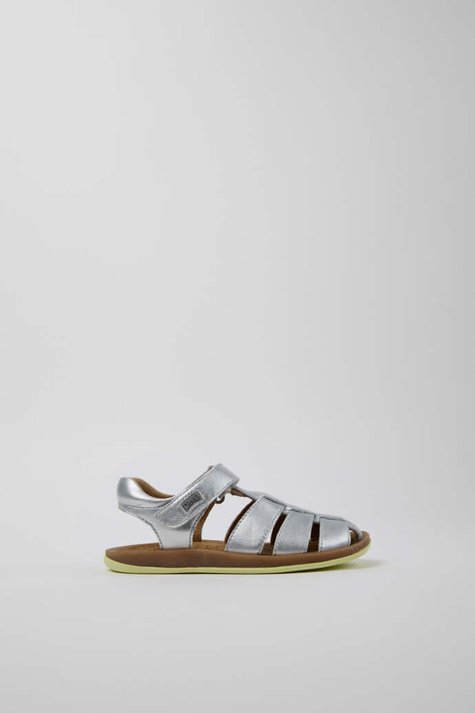 Grey silver closed sandals for kids by Acorn & Pip, designed for comfort and style with hook-and-loop closure.
