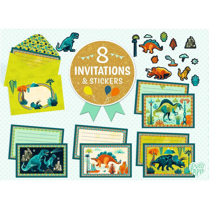 Djeco Cric Croc Dino Rock party invitation cards – set of 8 invitations and dinosaur stickers spread out