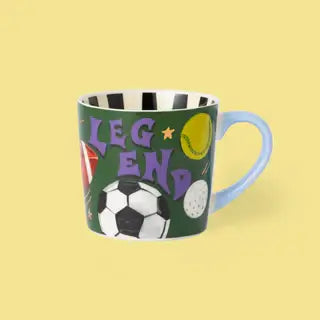 Eleanor Bowmer sports legend mug featuring fun sports icons, perfect gift for sports lovers.