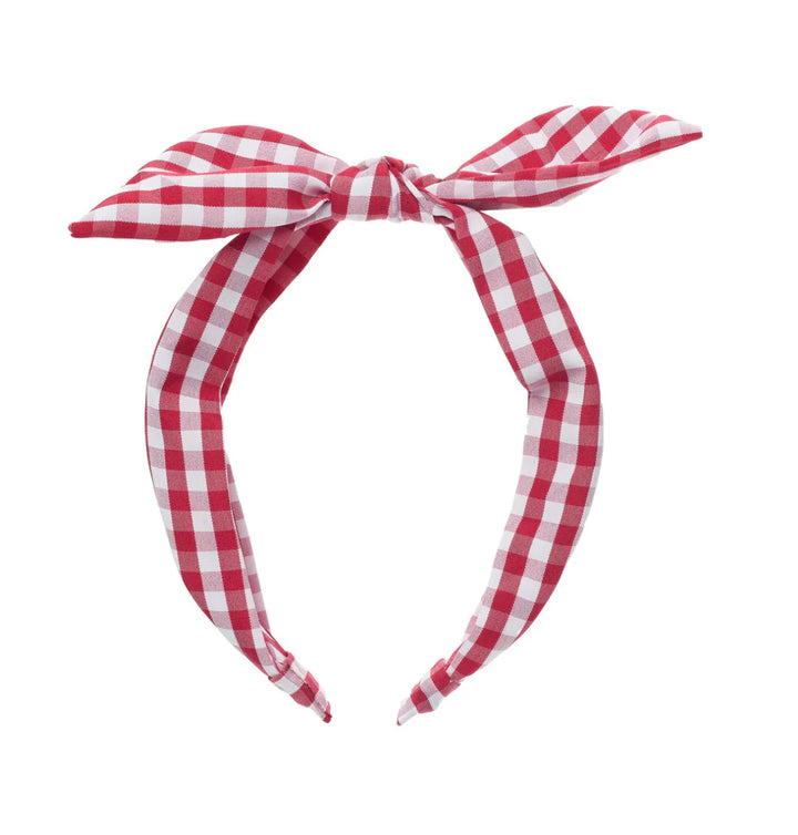 Red gingham headband for girls, perfect gift from Acorn & Pip for adding a pop of color to any outfit.
