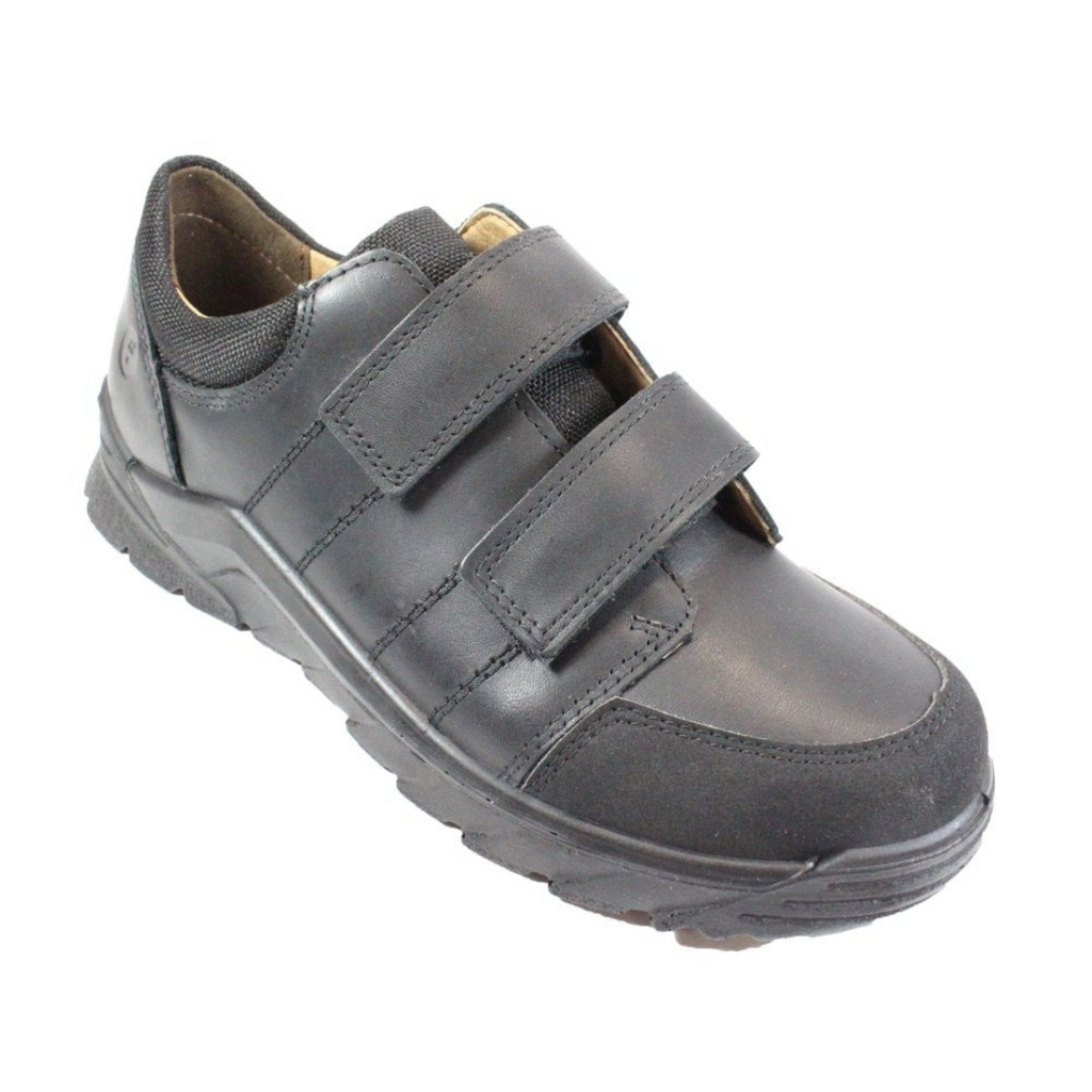 Ricosta: Johno Rip Tape School Shoes - Black Leather - Black Leather - Black School Shoes for Boys Trainer Style Velcro at Acorn & Pip