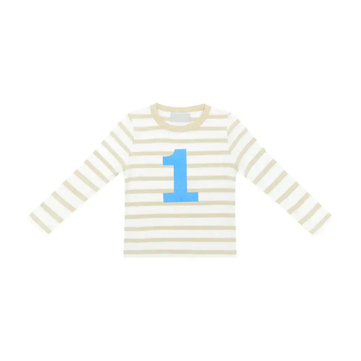 Breton striped number t shirt in sand and white with hand-printed blue number, perfect gift for little ones.