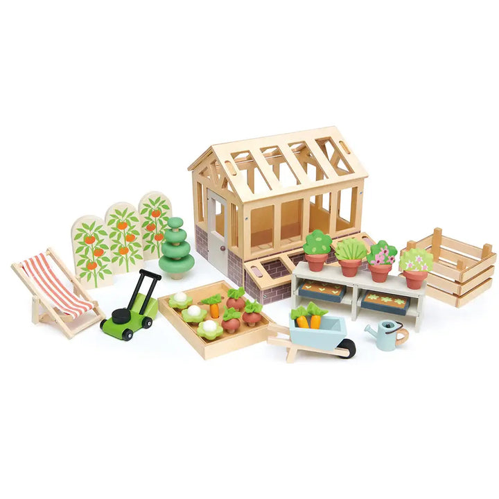 Tenderleaf Toys greenhouse and garden play set for dolls house, featuring pots, plants, and garden accessories.