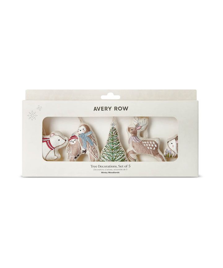 Avery Row Wintry Woodlands Embroidered Tree Decorations – Set of 5