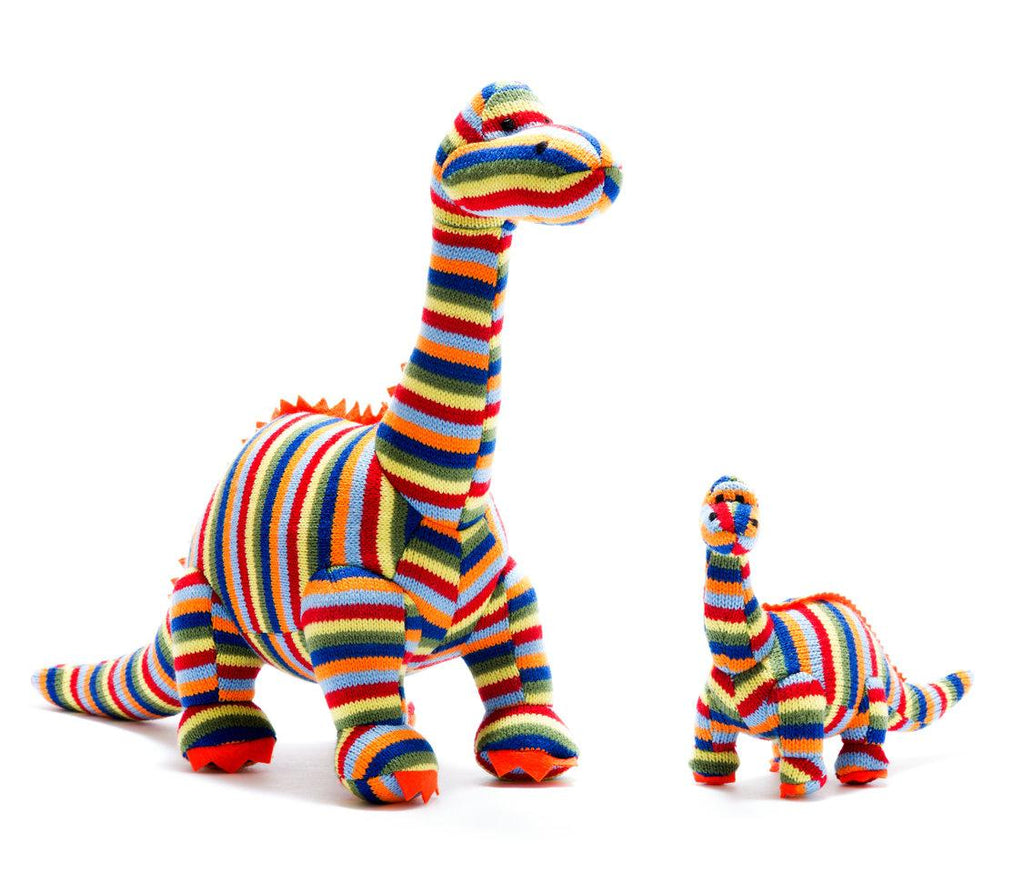 Best Years: Knitted Diplodocus Rattle - Rainbow Stripe - Acorn & Pip_Best Years