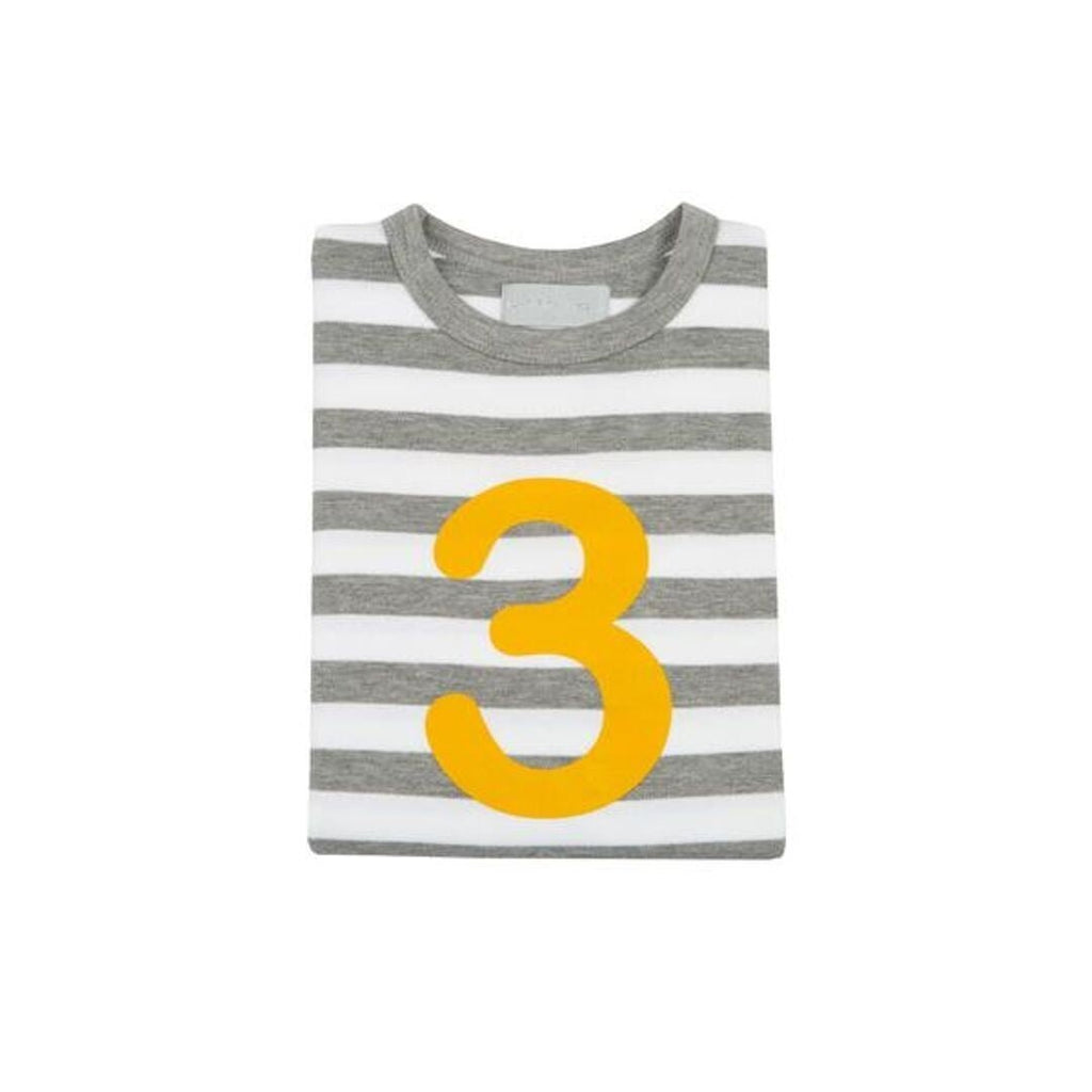 Bob & Blossom: Grey Marl & White Breton Striped Mustard Number 3 T-Shirt - Acorn & Pip_Bob & Blossom