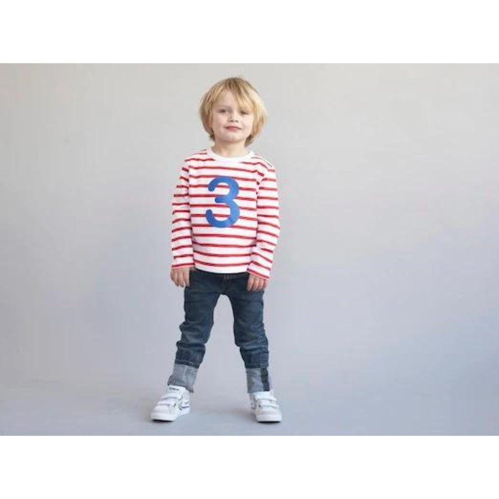 Bob & Blossom: Red & White Breton Striped Number 3 T-Shirt - Acorn & Pip_Bob & Blossom