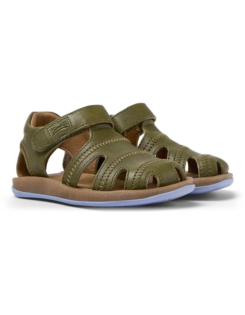 Camper: Bicho Kids Velcro Closed Toe Sandals - Green Leather - Acorn & Pip_Camper