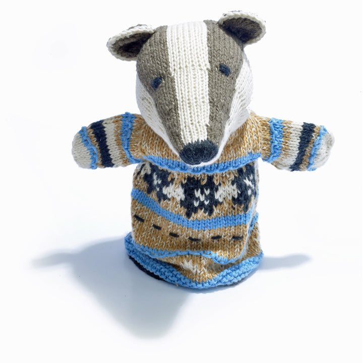 Chunki Chilli Badger hand puppet in blue patterned jumper