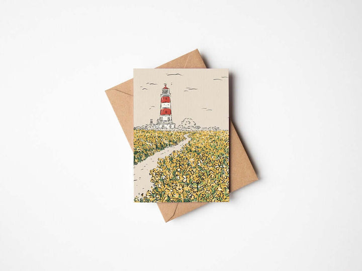 Happisburgh lighthouse greeting card featuring an illustrated lighthouse surrounded by blooming rapeseed fields.