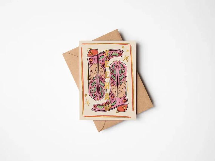 YEEHAW Chicken Cowboy Boots A6 Gold foil Greeting card design on recycled card stock, perfect for cowgirl lovers.