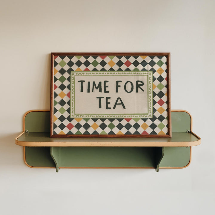 Jenna Crush Time for Tea art print on kitchen shelf