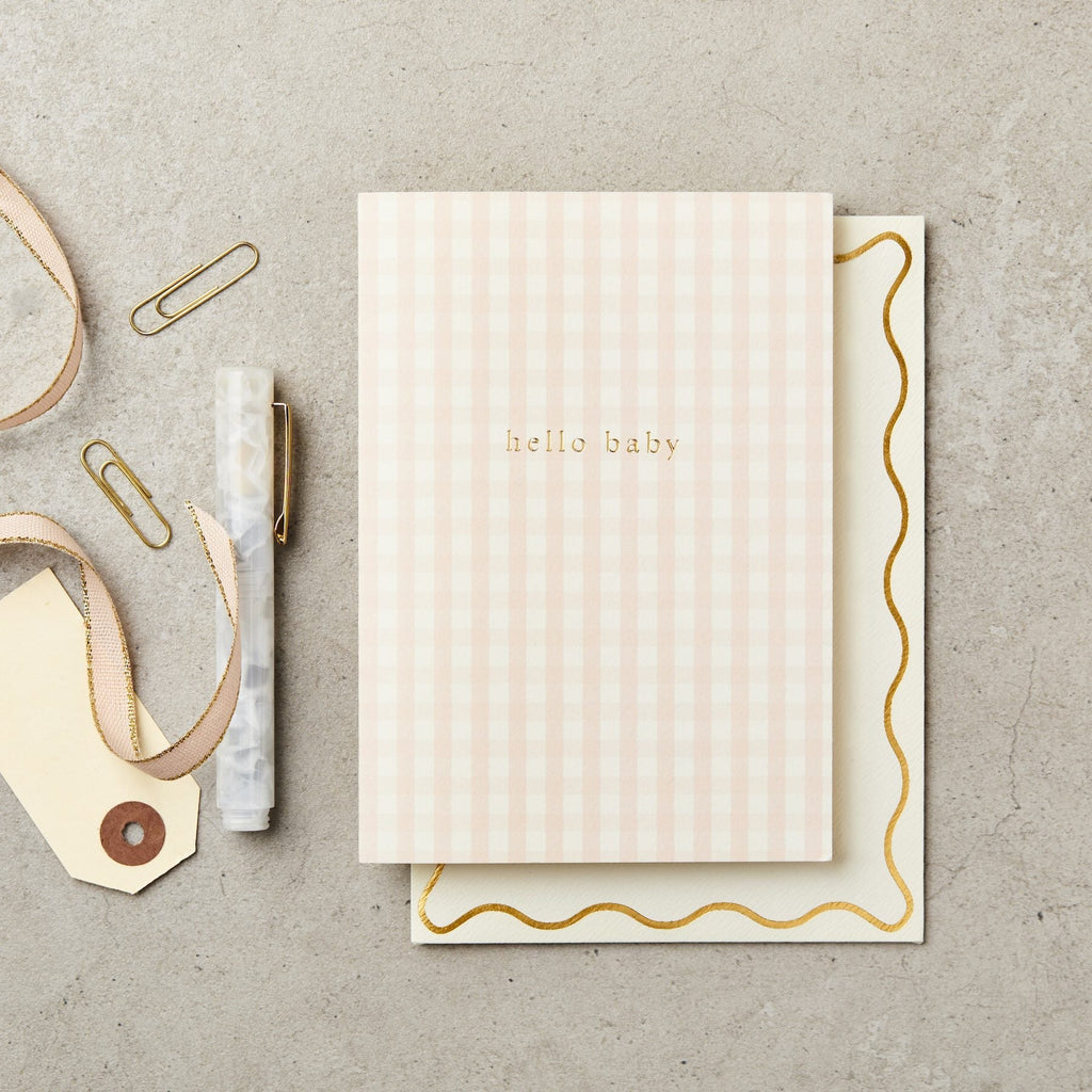 Katie Leamon: Gingham Hello Baby Card - Acorn & Pip_Katie Leamon