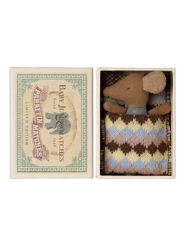 Maileg: Sleepy wakey baby mouse in matchbox - Blue - Acorn & Pip_Maileg