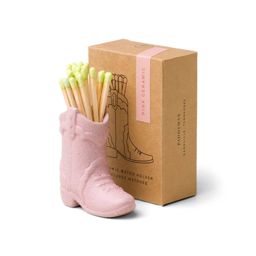 Nashville Ceramic Cowboy Boot Match Holder Pink with Matches (25 Pcs) - Acorn & Pip_Paddywax