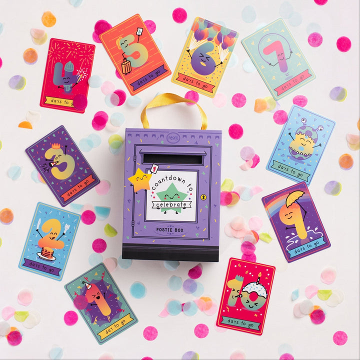 Countdown to Celebrate purple Postie Box with flash cards
