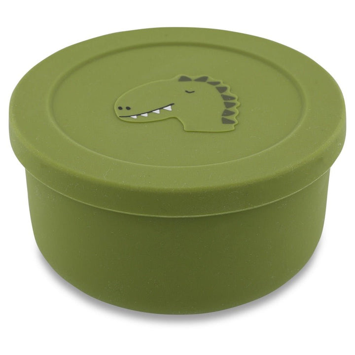 Trixie Mr. Dino green silicone snack pot with lid – top view showing dinosaur embossed design