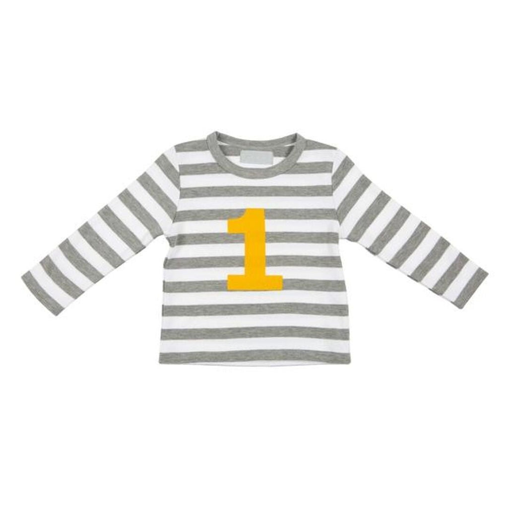 Bob & Blossom: Grey Marl & White Breton Striped Mustard Number 1 T-Shirt - Acorn & Pip_Bob & Blossom