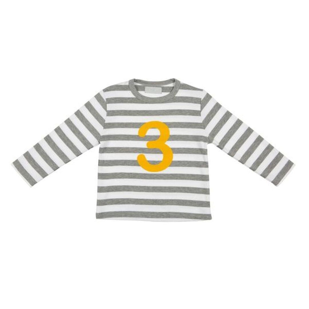 Bob & Blossom: Grey Marl & White Breton Striped Mustard Number 3 T-Shirt - Acorn & Pip_Bob & Blossom