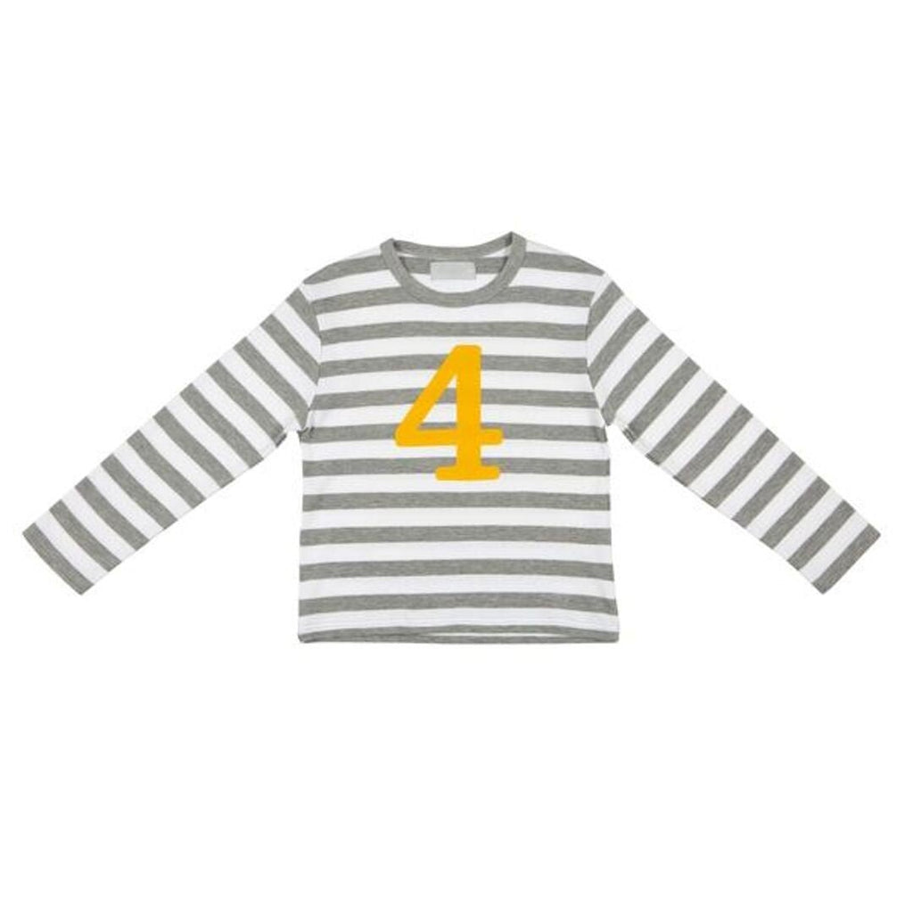 Bob & Blossom: Grey Marl & White Breton Striped Mustard Number 4 T-Shirt - Acorn & Pip_Bob & Blossom