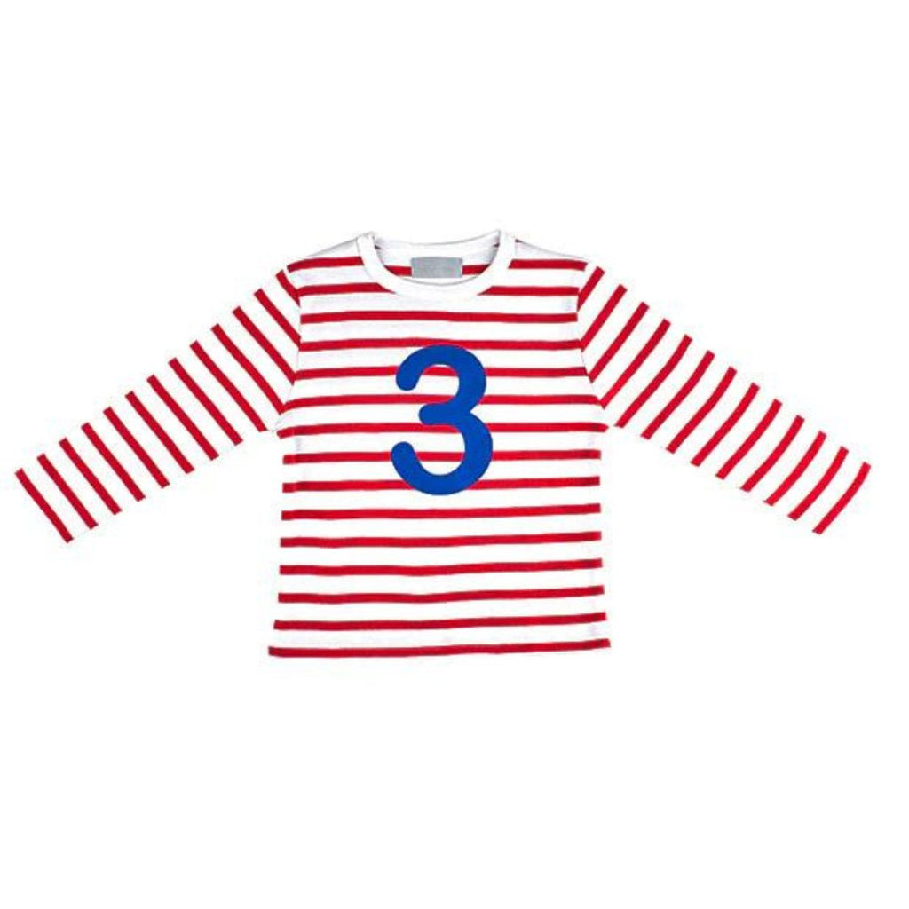 Bob & Blossom: Red & White Breton Striped Number 3 T-Shirt - Acorn & Pip_Bob & Blossom