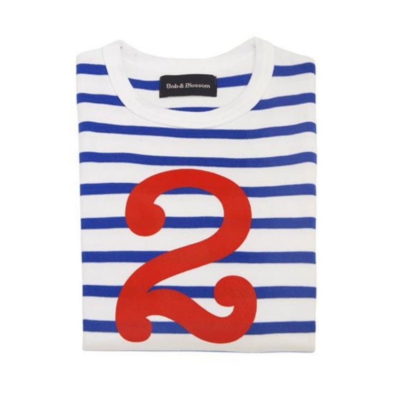French Blue & Cream White Stripe Number 2 T-Shirt - Acorn & Pip_Bob & Blossom