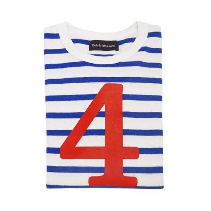 French Blue & Cream White Stripe Number 4 T-Shirt - Acorn & Pip_Bob & Blossom