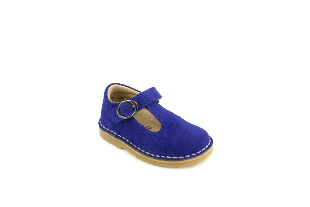 Petasil: Crosspatch Classic T-Bar Girls Shoes - Electric Blue Suede - Acorn & Pip_Petasil